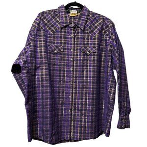 Wrangler women’s sz 3XL purple metallic gold plaid pearl snap blouse